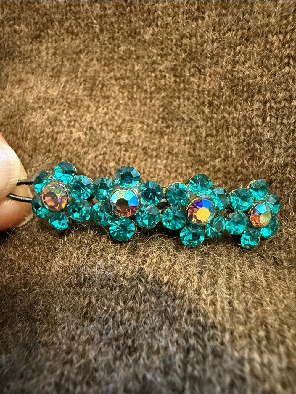 Teal Crystal Flower Barrette with Aurora-Center Rhinestones